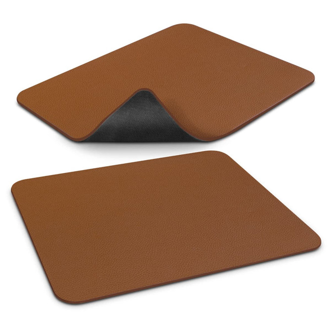 A leatherette mouse mat in brown with a textured surface and a non-slip backing. Features rounded corners.