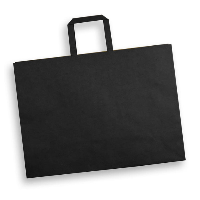 An extra large flat handle paper bag in black, featuring a sturdy handle for easy carrying.