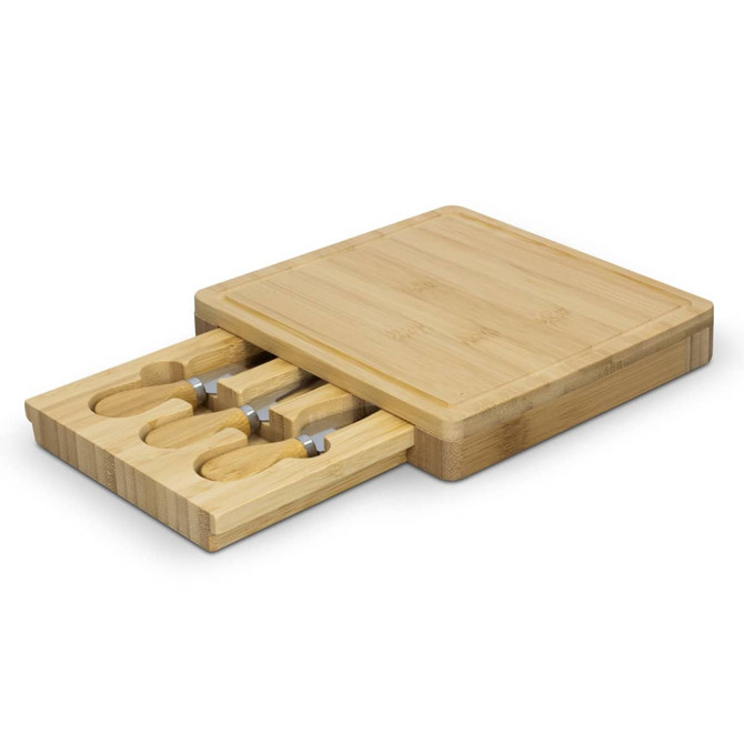 A square bamboo cheese board featuring a sliding section with cheese knives. It has a natural wood finish.
