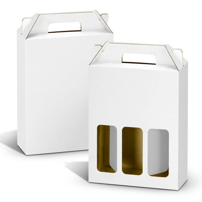 A white wine carry pack with a clear window to hold three bottles, featuring a handle for easy transport.