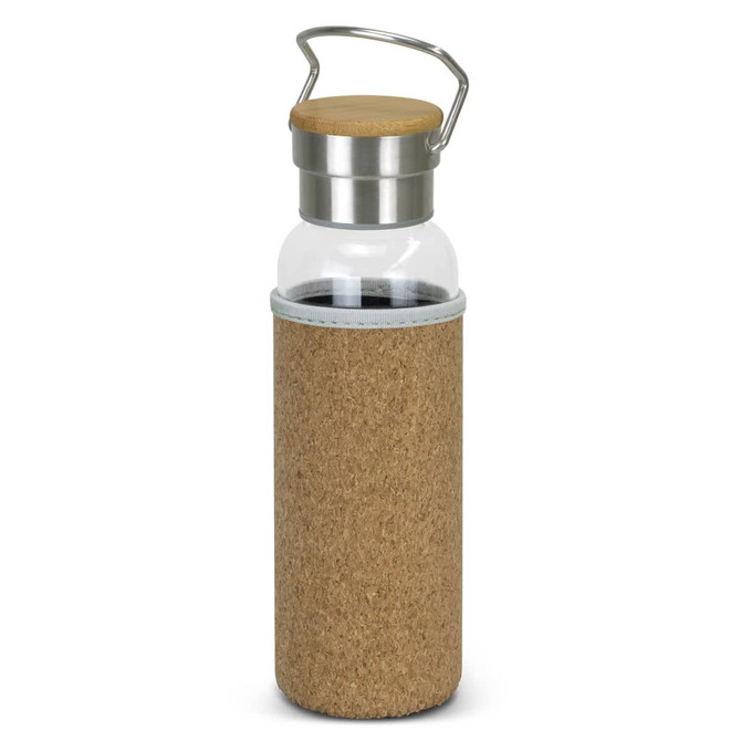 A drink bottle with a cork sleeve, clear glass body, and metal lid featuring a handle.