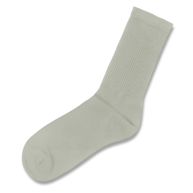 A pair of light green crew socks with a ribbed design and a smooth finish. Features a logo.