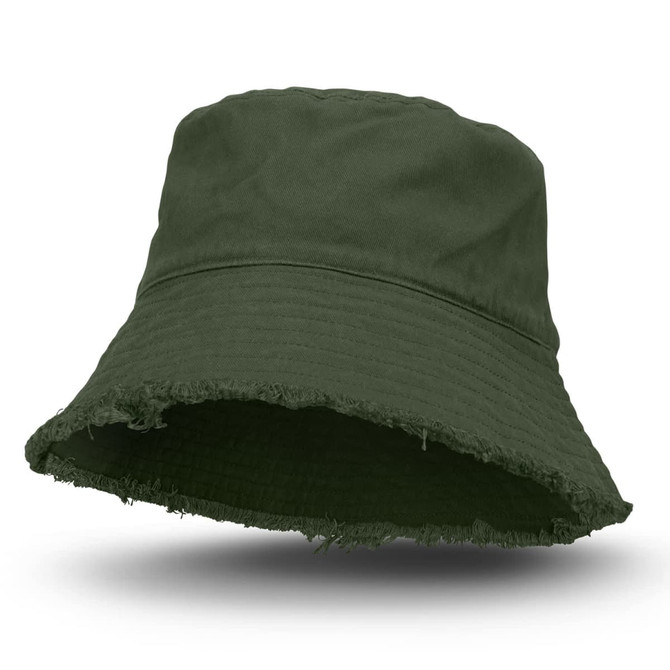 A green Raw Edge Bucket Hat with a frayed brim and a logo on the side.