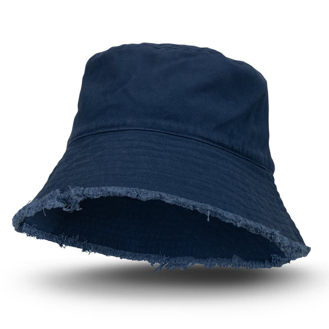 A navy blue raw edge bucket hat featuring a frayed brim and a simple logo.