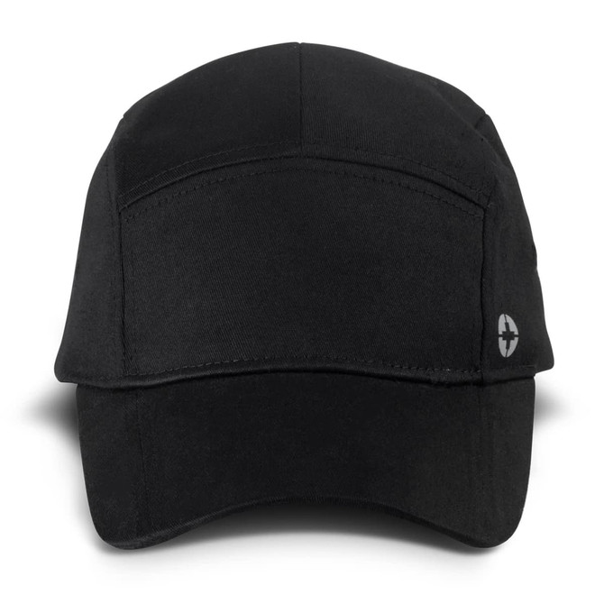 A black Swiss Peak 5 Panel Cap featuring a logo on the side, designed for headwear.