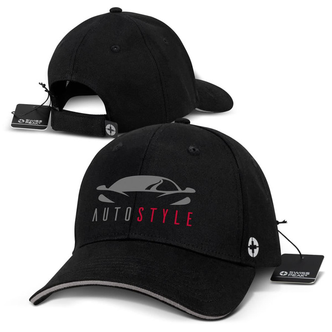 A black six-panel cap featuring a logo, with a curved brim and an adjustable strap at the back.