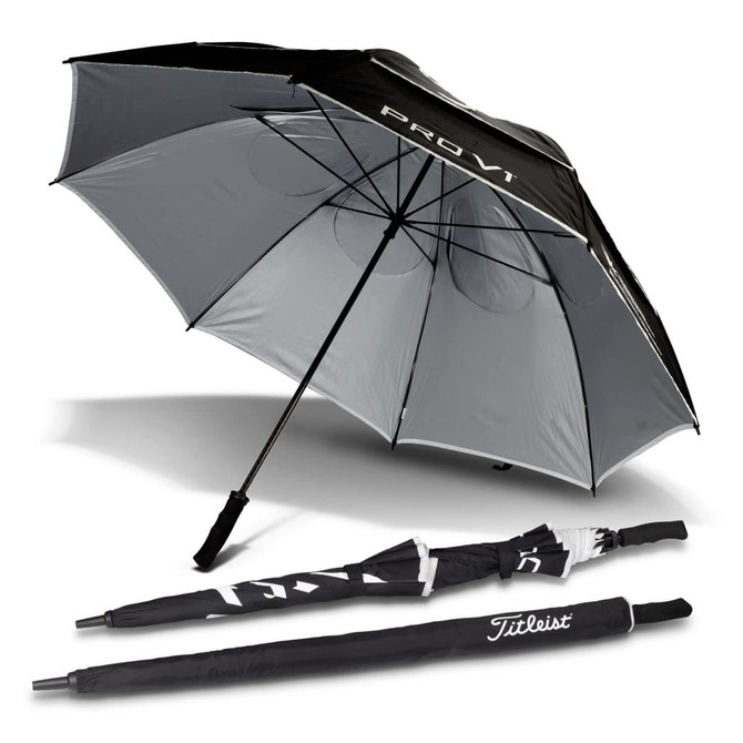 A black and grey double canopy umbrella with a sleek design and a logo. It is shown both open and folded.