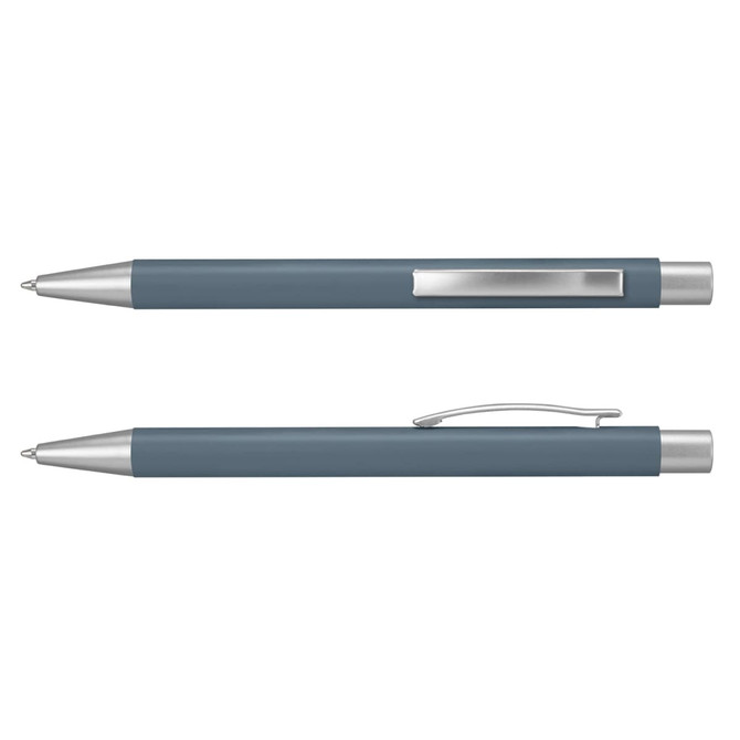 A metal pen in a blue-grey finish with silver accents and a clip, featuring a sleek design.