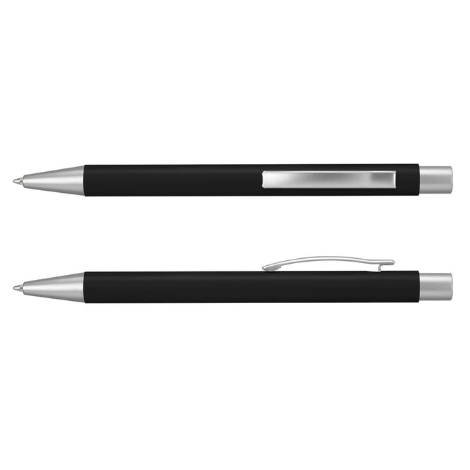 A black metal pen featuring a silver clip and accents, shown from two angles. Includes branding logo on the side.