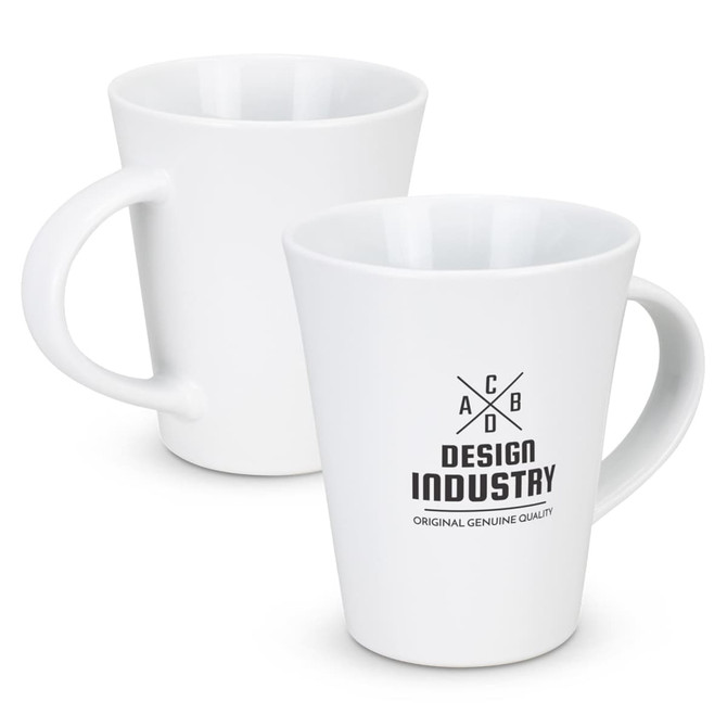 A white coffee mug with a tapered design and a logo printed on the side.