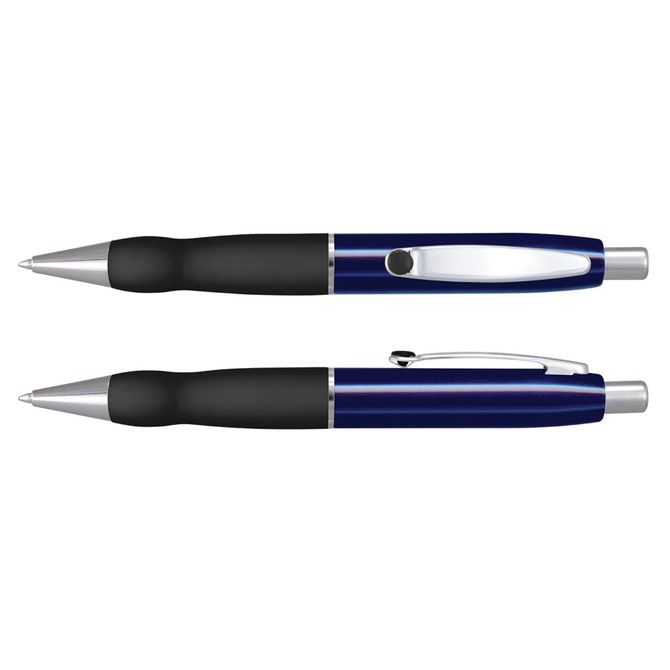 A metal pen in navy blue with black grip and chrome accents, featuring a branding logo.