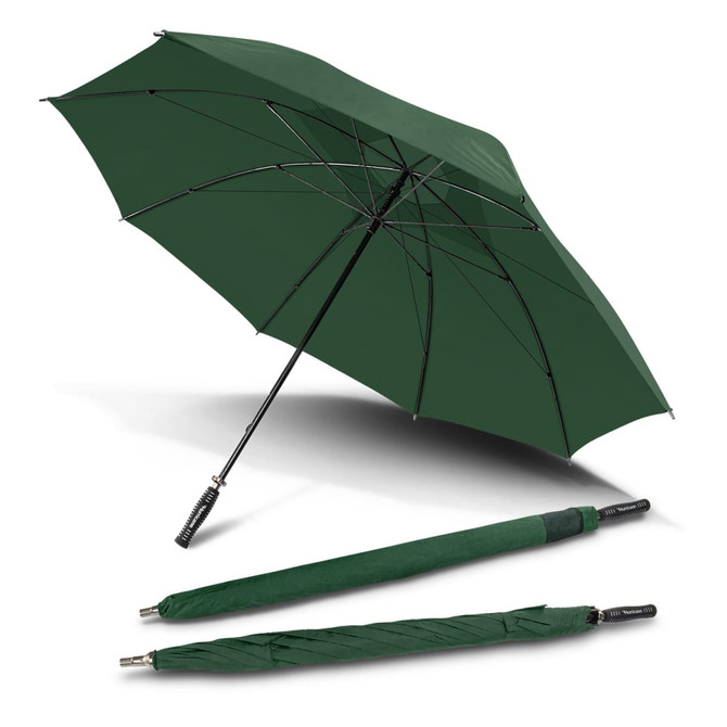 A green hurricane sport umbrella with a sturdy base and a closed version beside it, featuring a branding logo.