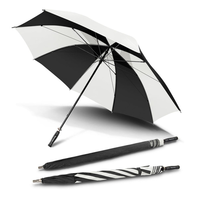 A black and white sport umbrella with a curved handle, displayed open and alongside its closed form.