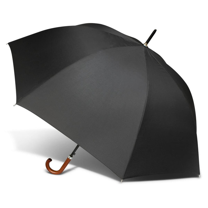 A black umbrella with a wooden handle and a sleek design, featuring a logo on the fabric.