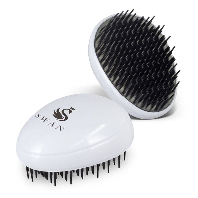 A white hair detangler brush with black bristles, featuring a logo on the lid.