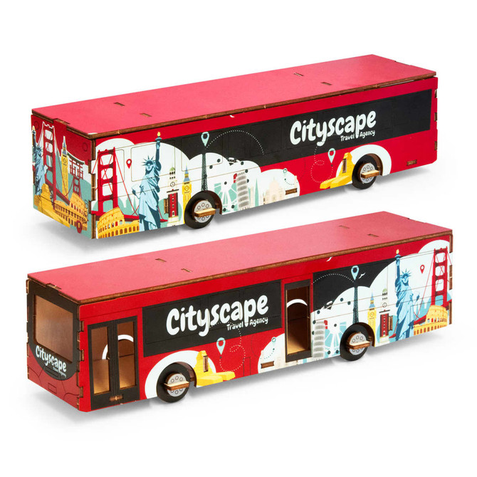 A red wooden model bus featuring cityscape illustrations and a logo, displaying iconic landmarks and travel themes.