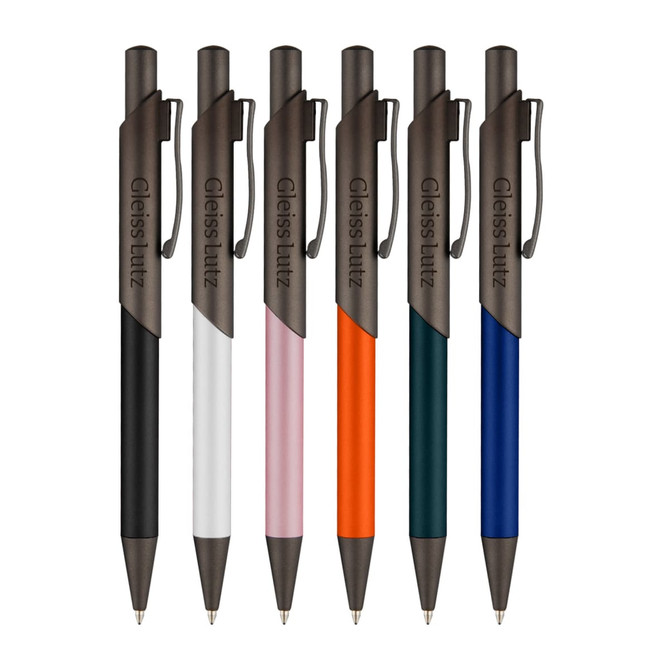 A set of six Arc Metal Pens in black, white, pink, orange, green, and blue, featuring a branding logo.