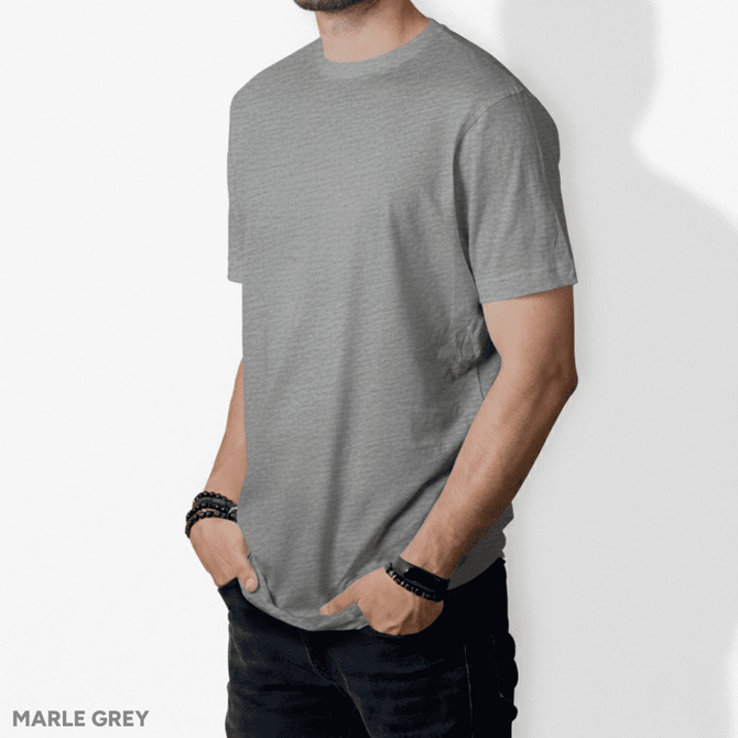 A marle grey t-shirt displayed on a male model, featuring a casual fit and short sleeves. It has a logo.
