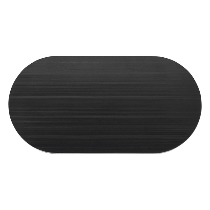 A black oval mat with a textured surface, featuring a sleek design and smooth edges.