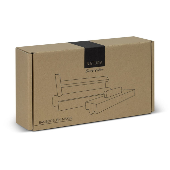 A natural bamboo sushi maker in a brown cardboard box, featuring a minimalist design and an unobtrusive logo.