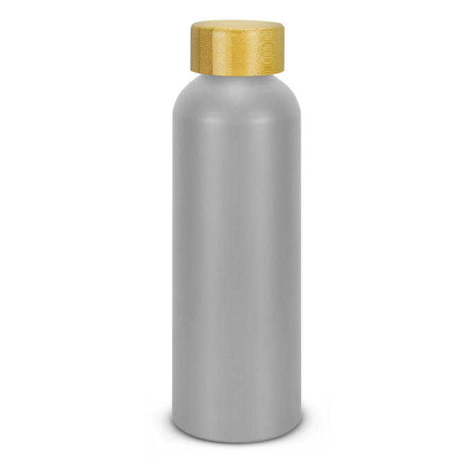A drink bottle in a sleek grey finish with a wooden-style lid. It features a simple design and has a logo.