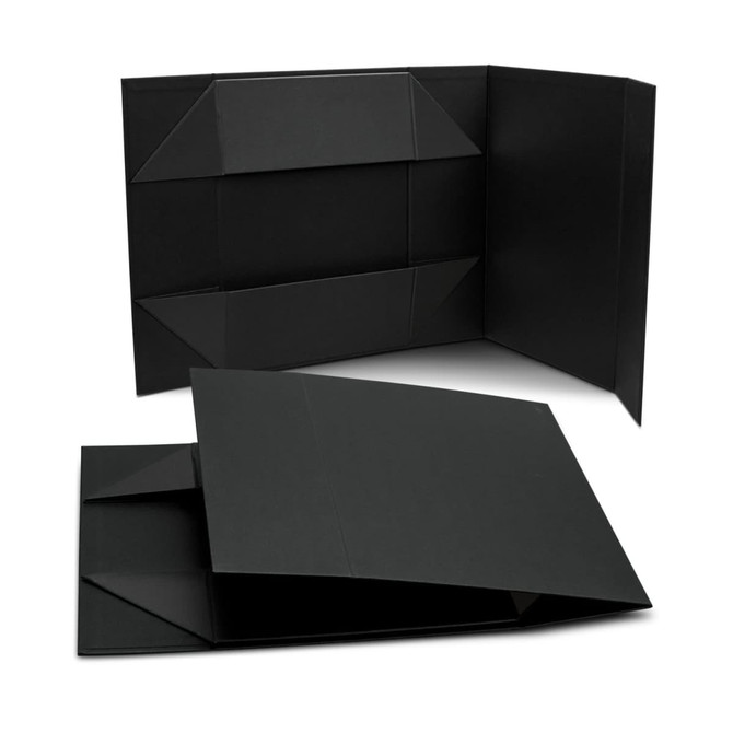 A medium black magnetic lid gift box with a foldable design. Includes a logo on the exterior.