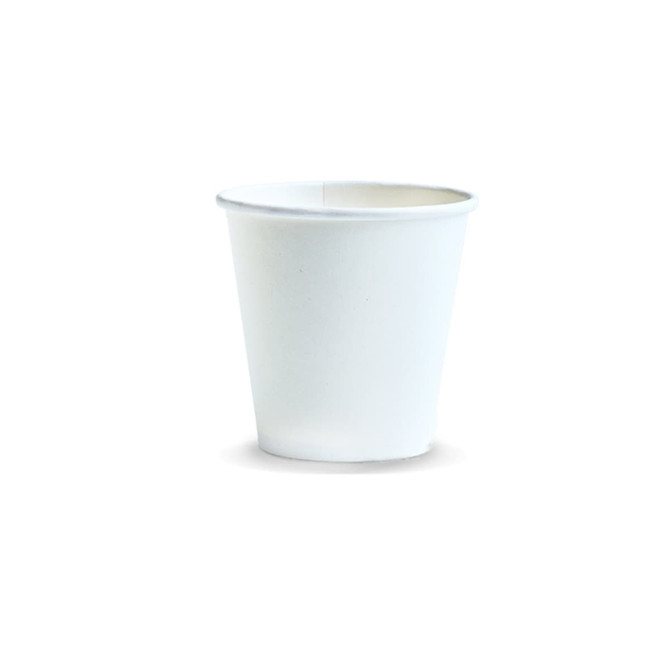 A white paper cup with a tapered design, holding 180ml of liquid. It features a logo on the side.