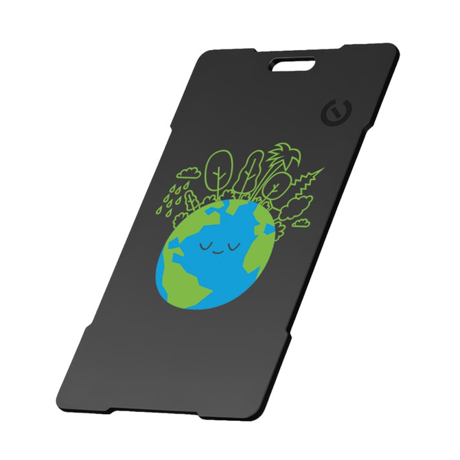 A black Bluetooth tracker with a green and blue design featuring a smiling Earth and stylised plants.