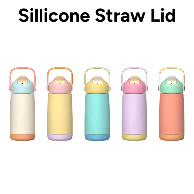 A drink bottle collection featuring pastel colours and silicone straw lids, with a logo on each bottle.