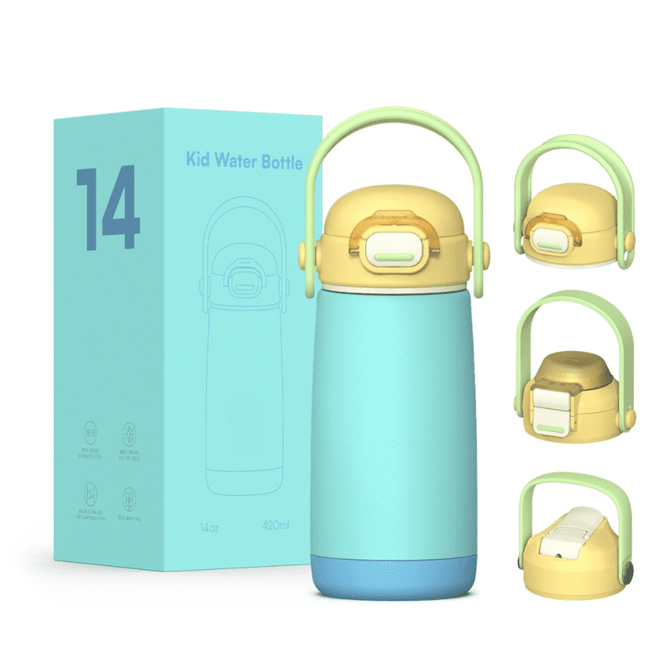 A drink bottle in mint green and yellow with a handle and a box, featuring a logo on the bottle.