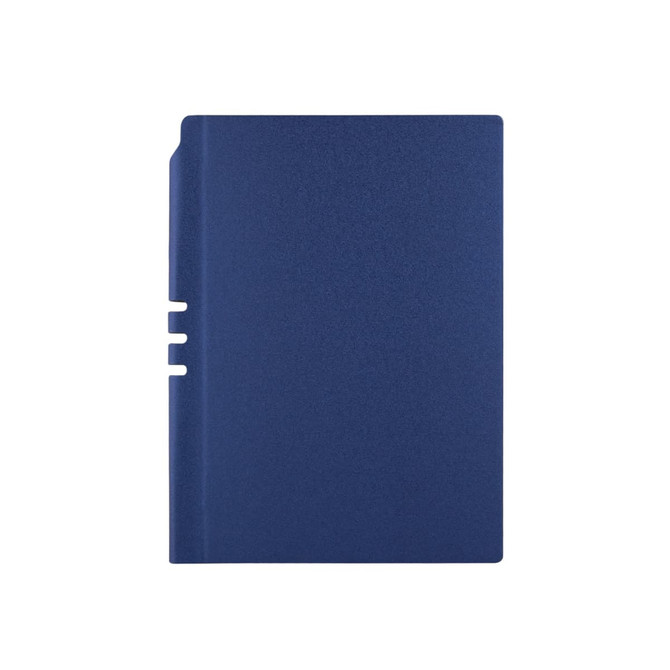 A navy blue Malaga Notebook featuring a smooth surface and a side notch, with a logo on the cover.
