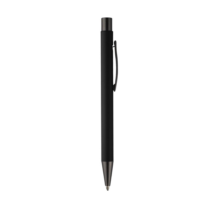 A black metal pen with a sleek design and a clip for attachment.