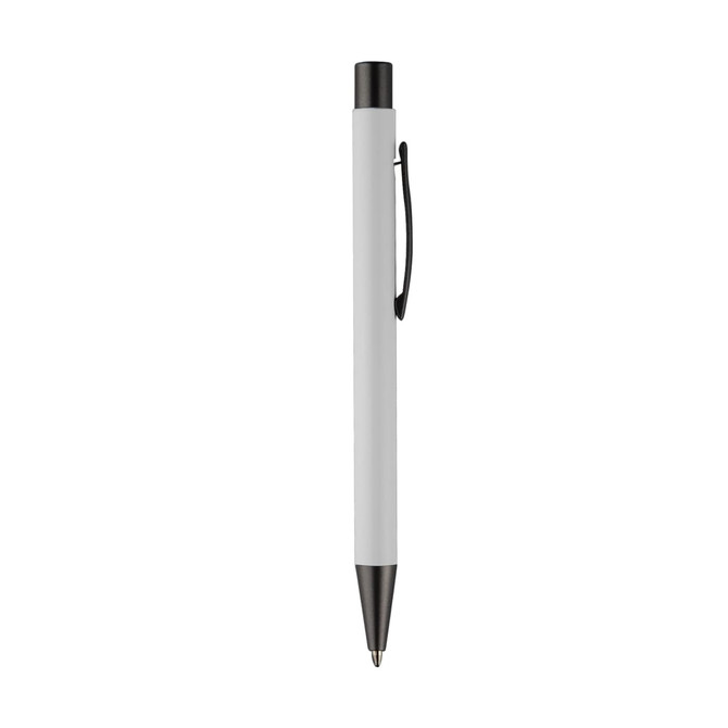 A metal pen in white with a black clip and tip, featuring a simple and sleek design.