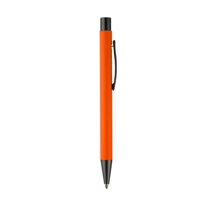 An orange metal pen with a black clip and a silver tip, featuring a logo.