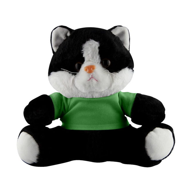 A plush toy resembling a black and white cat, wearing a green shirt, seated with a neutral expression.
