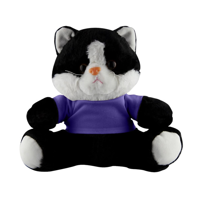 A plush cat toy with a black and white design, wearing a purple shirt and sitting upright. It has large, expressive eyes.
