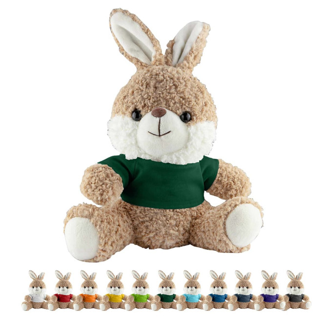 A brown rabbit plush toy with a white face and ears, wearing a green shirt, accompanied by a range of coloured shirts below.