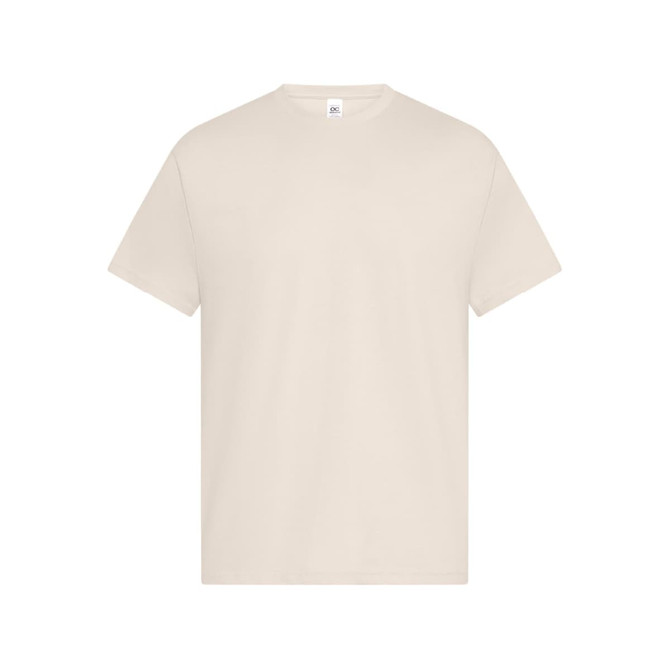 A plain beige men's t-shirt with short sleeves and a crew neckline. The shirt has a small logo on the label.