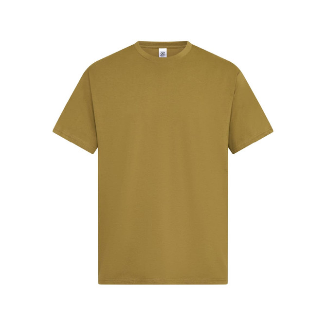 A standard fit men's T-shirt in a muted olive green colour with short sleeves and a crew neckline. It features a logo label.