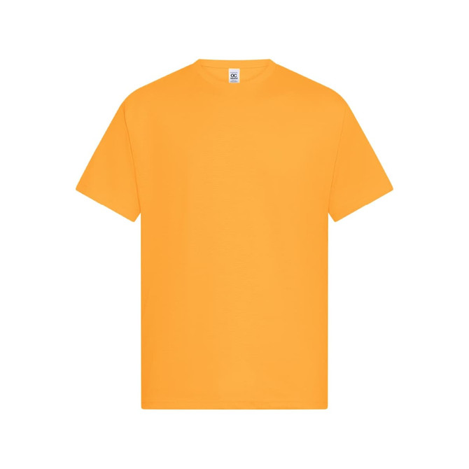 A plain orange t-shirt with short sleeves, featuring a logo on the tag.