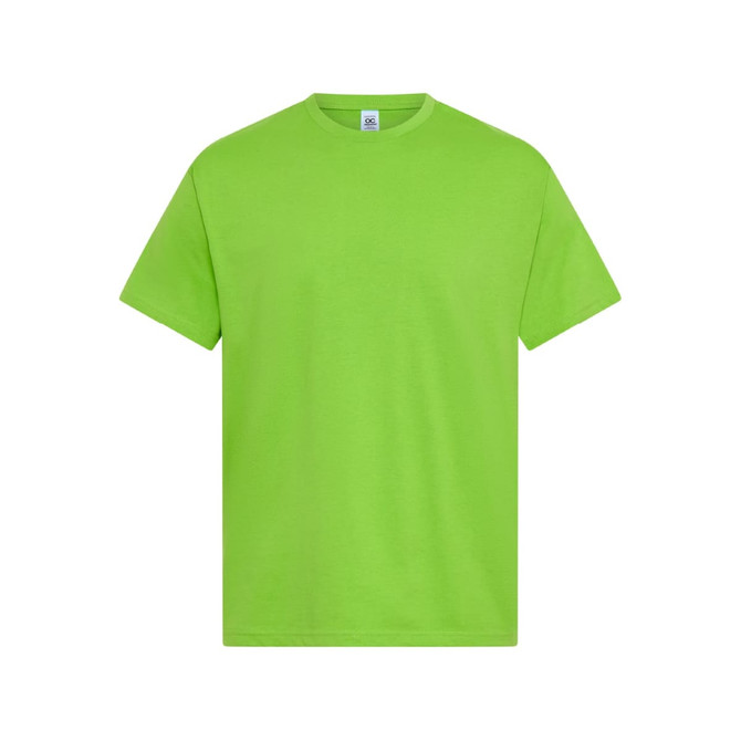 A bright green T-shirt with a standard fit, featuring a logo on the label.