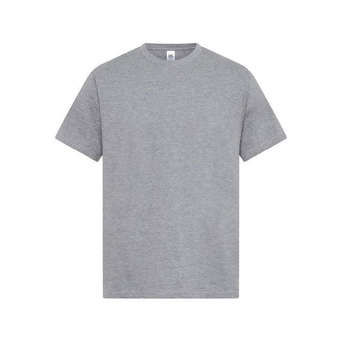 A grey men's essential T-shirt with a classic crew neck and short sleeves, featuring a logo.