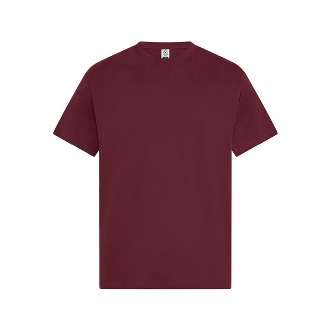 A maroon T-shirt with short sleeves, featuring a plain design and a logo on the label.