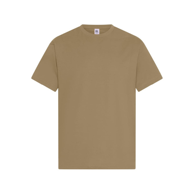 A plain khaki men's t-shirt featuring short sleeves and a crew neckline. The shirt has a label and no graphics.