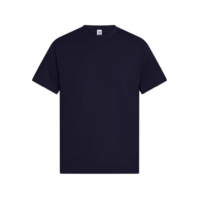 A navy blue T-shirt featuring short sleeves and a crew neckline, with a logo on the label.
