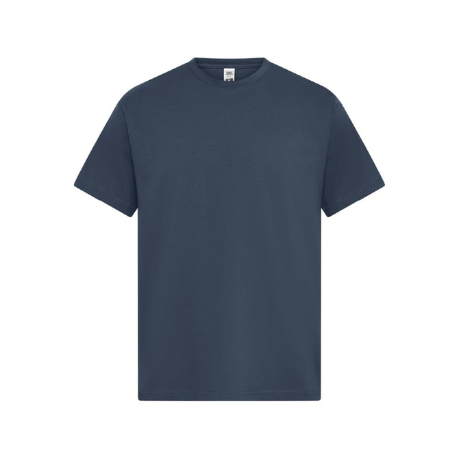 A navy blue T-shirt with short sleeves and a standard fit, featuring a branding logo.