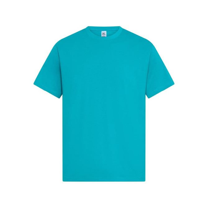 A turquoise men's t-shirt with a crew neckline and short sleeves, featuring a branding logo.