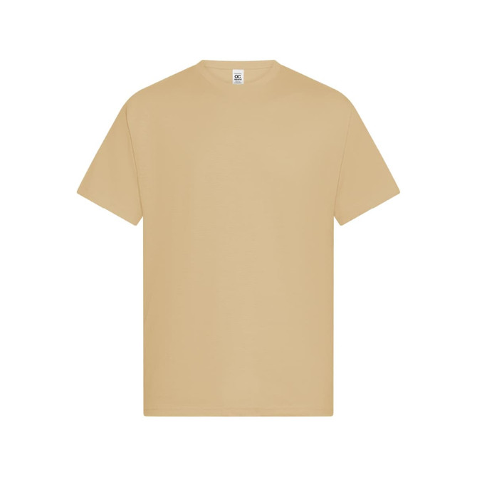 A light beige t-shirt with a classic crew neck and short sleeves, featuring a logo on the label.