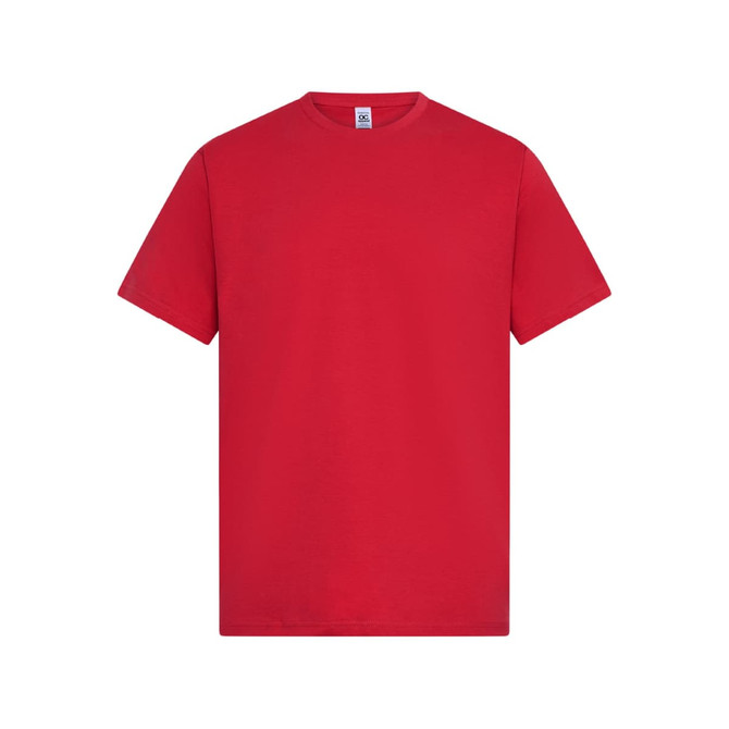 A red men's essential T-shirt with a crew neck and short sleeves, featuring a logo on the label.