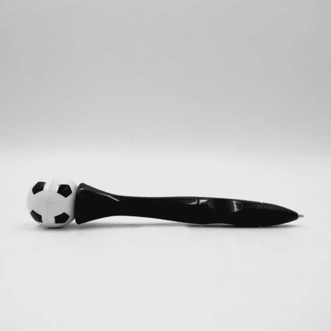 A black pen with a white soccer ball topper and black detailing, featuring a logo.